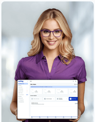 Demonstração do aplicativo Cashing: tela do app exibida por uma mulher sorridente.
