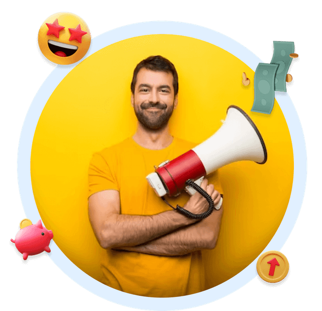 Homem sorridente segurando megafone. Fundo circular amarelo com ícones de emoji, dinheiro e cofrinho. Imagem transmite comunicação eficaz e sucesso financeiro.