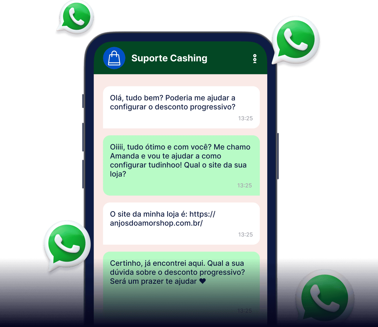 Simulação de conversa de WhatsApp sobre suporte de cashing. Tela de celular mostra diálogo entre cliente e atendente. Ícones do WhatsApp ao redor da tela.
