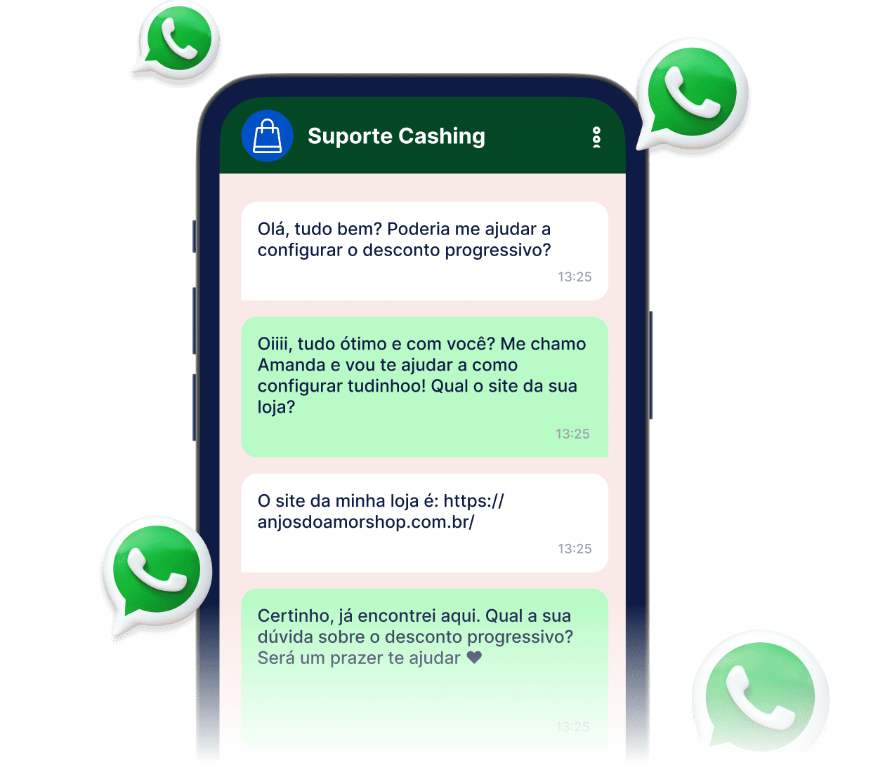 Simulação de conversa de WhatsApp sobre suporte de cashing. Tela de celular mostra diálogo entre cliente e atendente. Ícones do WhatsApp ao redor da tela.